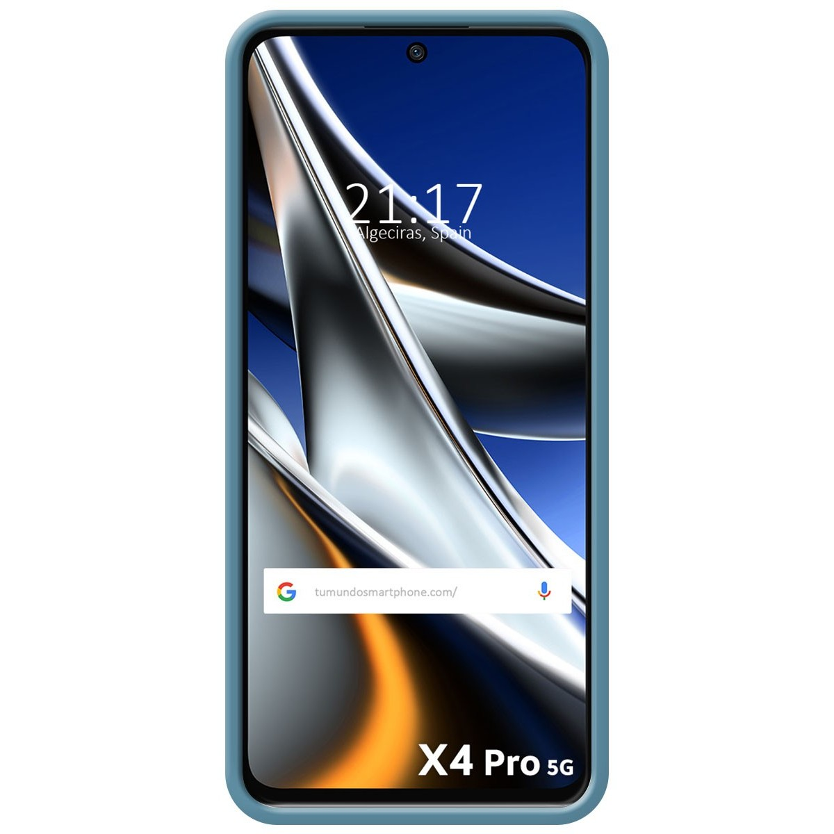 Custodia blu con telefono e schermo blu. Ora e sito web visualizzati.
