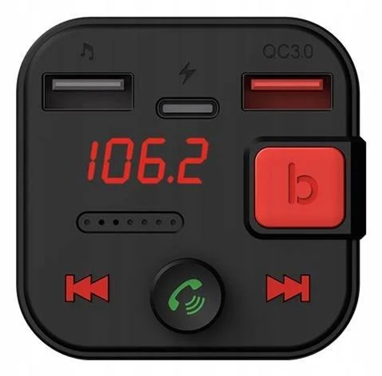 Czarna ładowarka samochodowa z wyświetlaczem i przyciskami. Wyświetla czerwone liczby. Posiada porty USB.