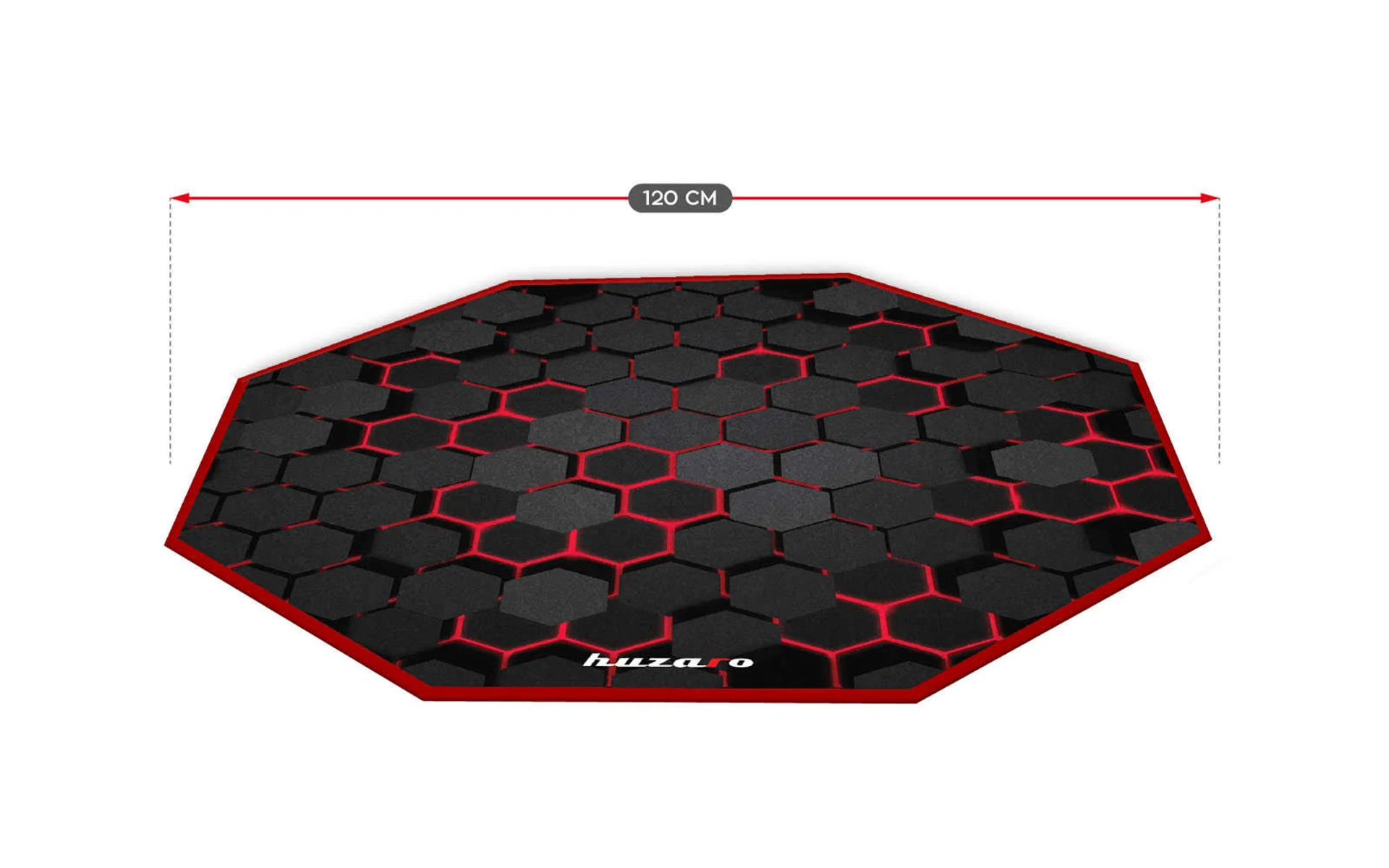 Schwarz-rote sechseckige Matte mit 120 cm Messung. Roter Rand.