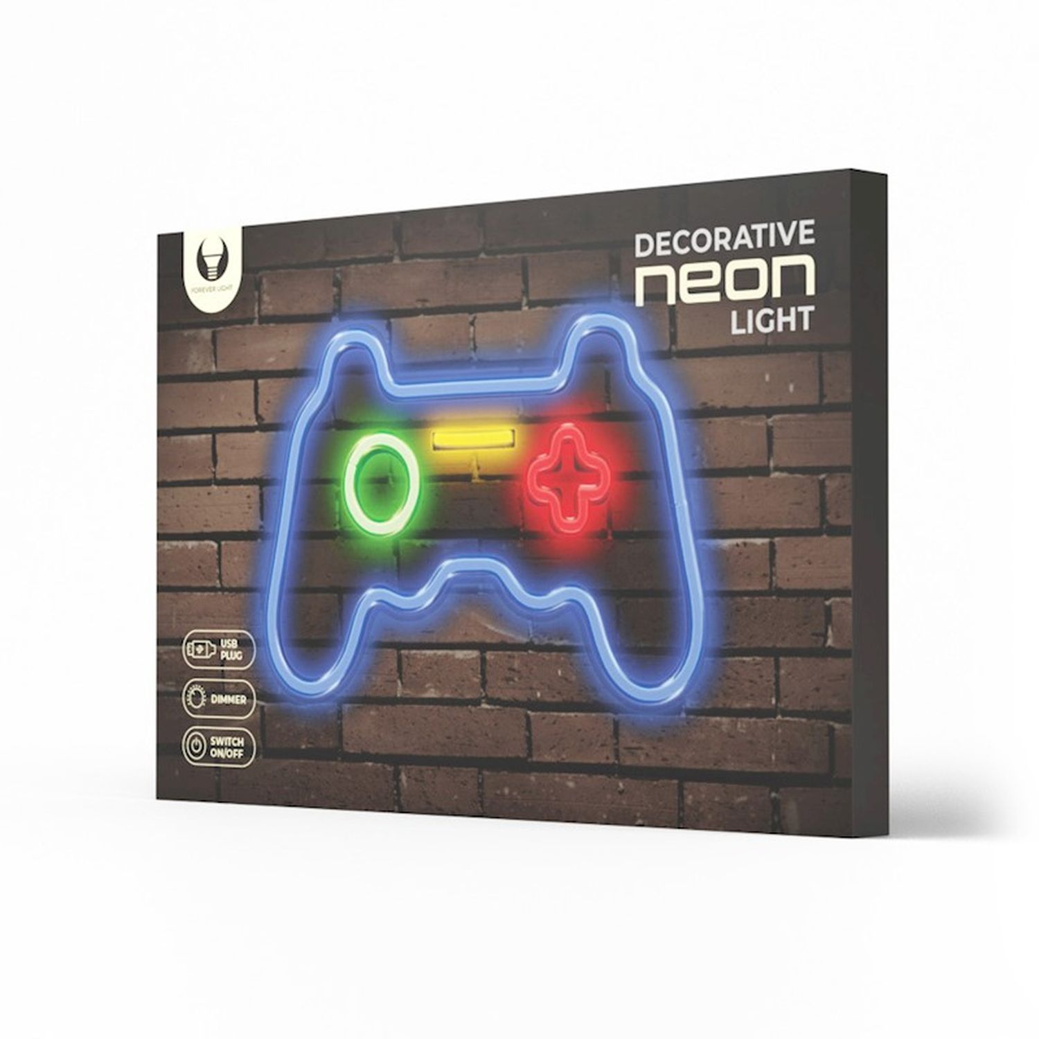 Ein Neonlicht in Form eines Gamepads, mit einem Hintergrund aus Ziegelmauerwerk.