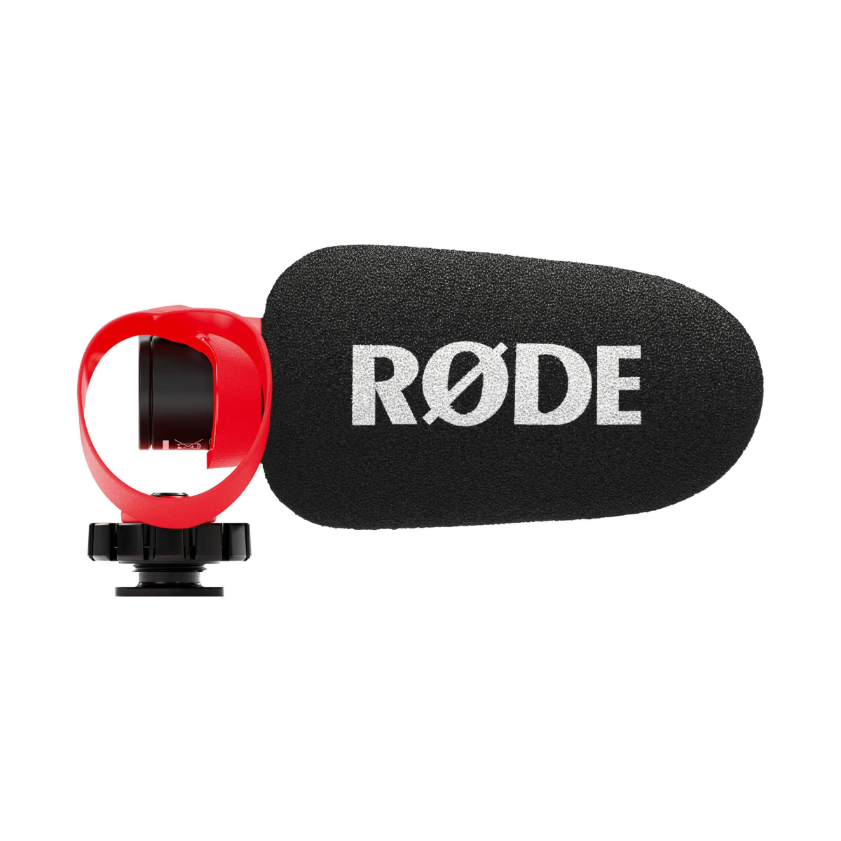 RØDE Mikrofon mit roter Halterung und schwarzem Schaumstoff-Windschutz. Das Mikrofon ist auf weißem Hintergrund.