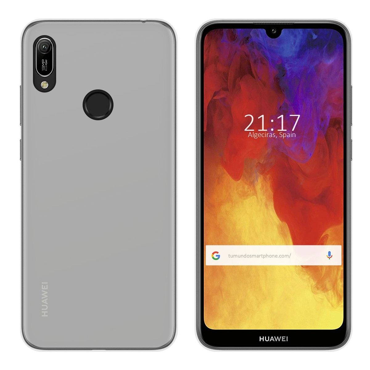 Funda de teléfono y teléfono. El teléfono muestra la hora y tiene una barra de búsqueda.