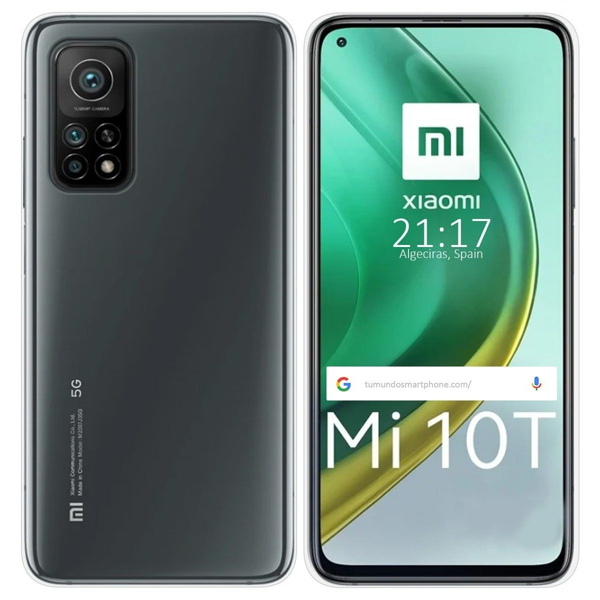 Funda y teléfono que muestran una parte trasera gris oscuro y una pantalla verde Mi 10T.