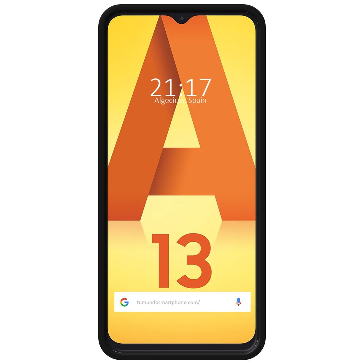 Telefono che mostra l'ora con sfondo giallo e arancione, testo A13.