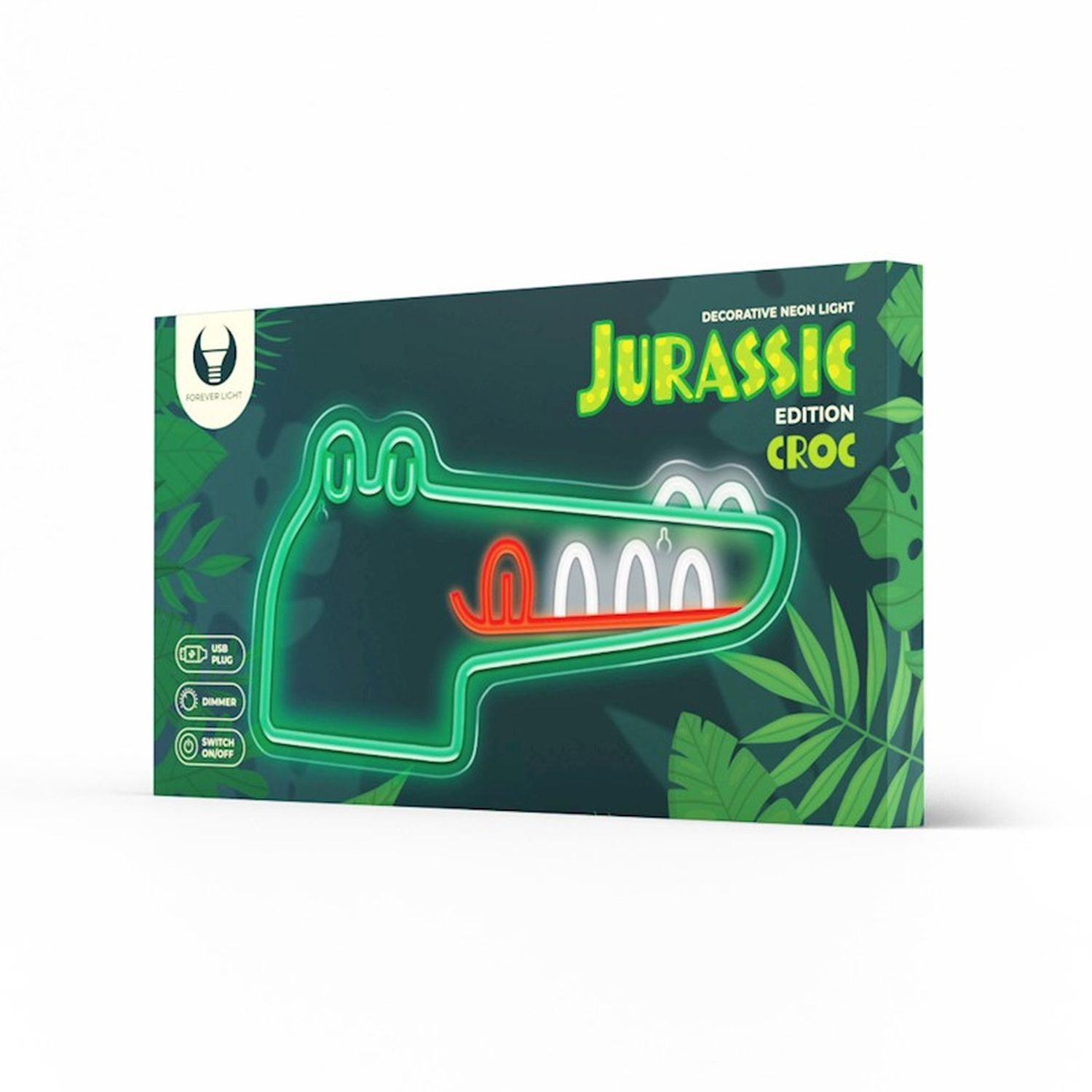 Box mit grünem und rotem Jurassic Croc Neon-Schild.