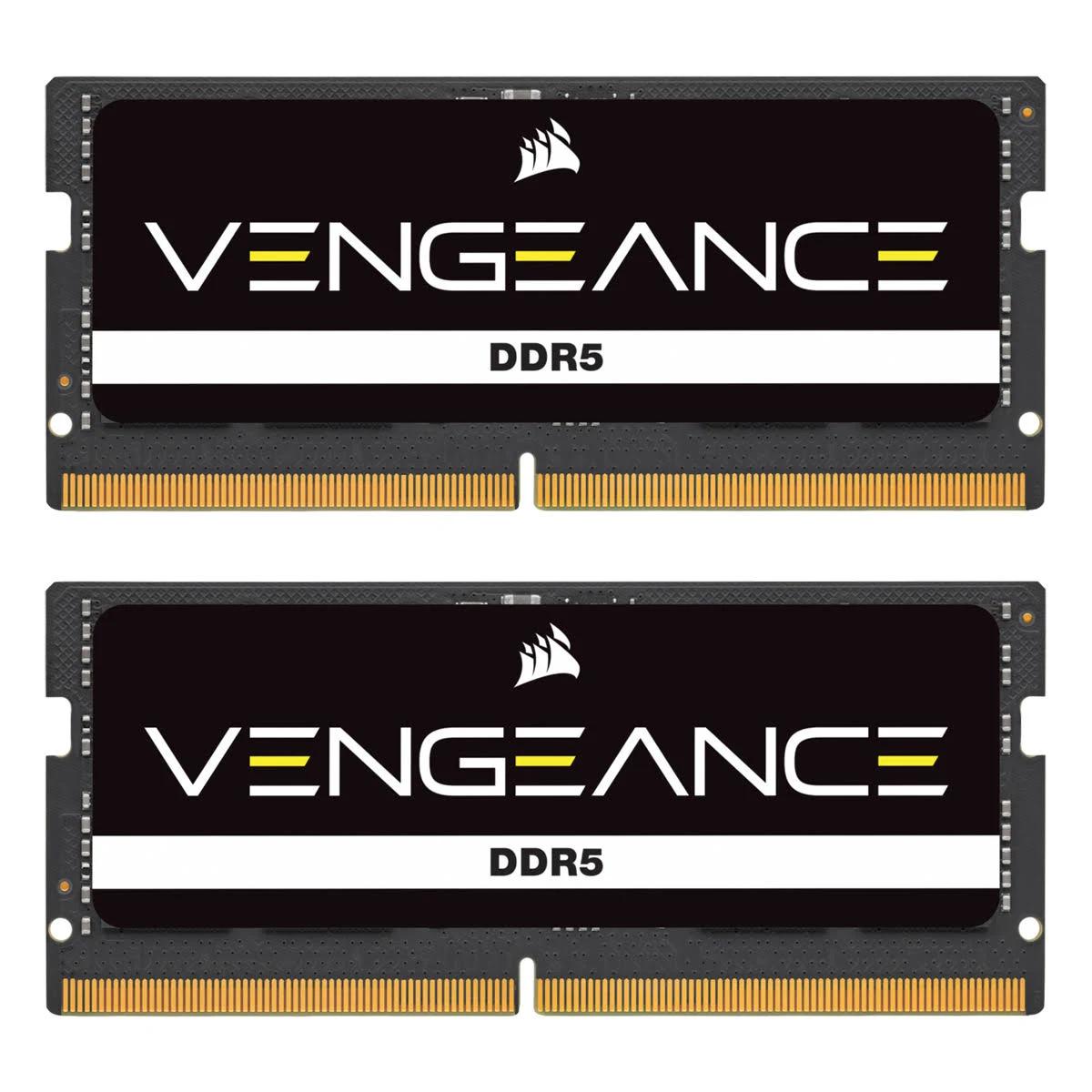 Dwa czarne moduły pamięci RAM DDR5. Tekst na modułach brzmi VENGEANCE DDR5.