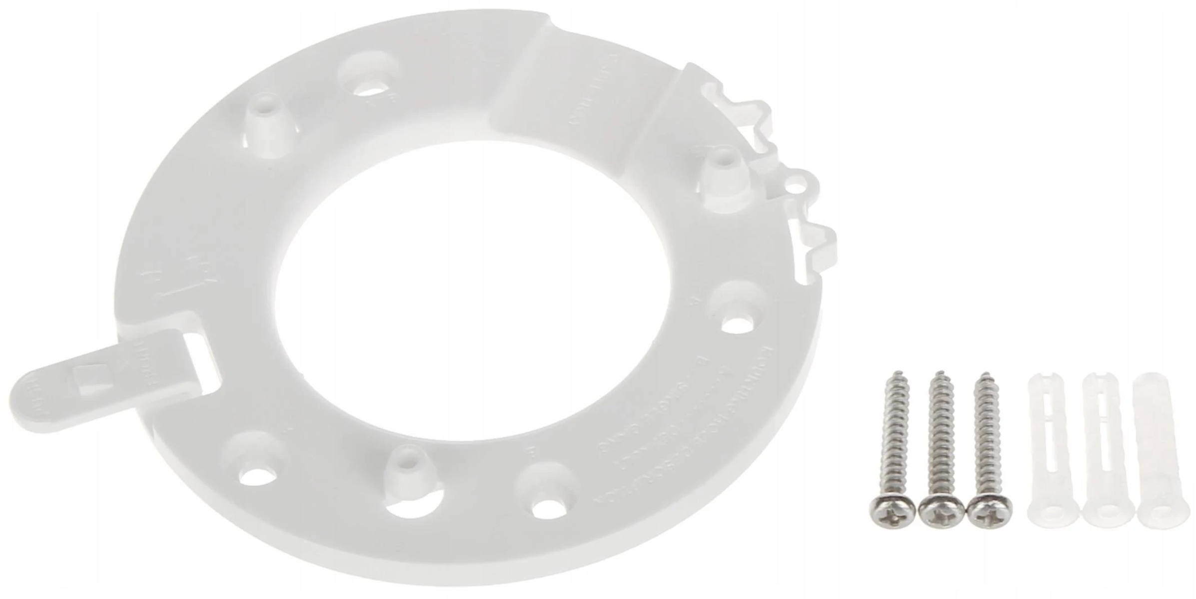 Biały wspornik montażowy ze śrubami i kołkami, używany do instalacji urządzenia.