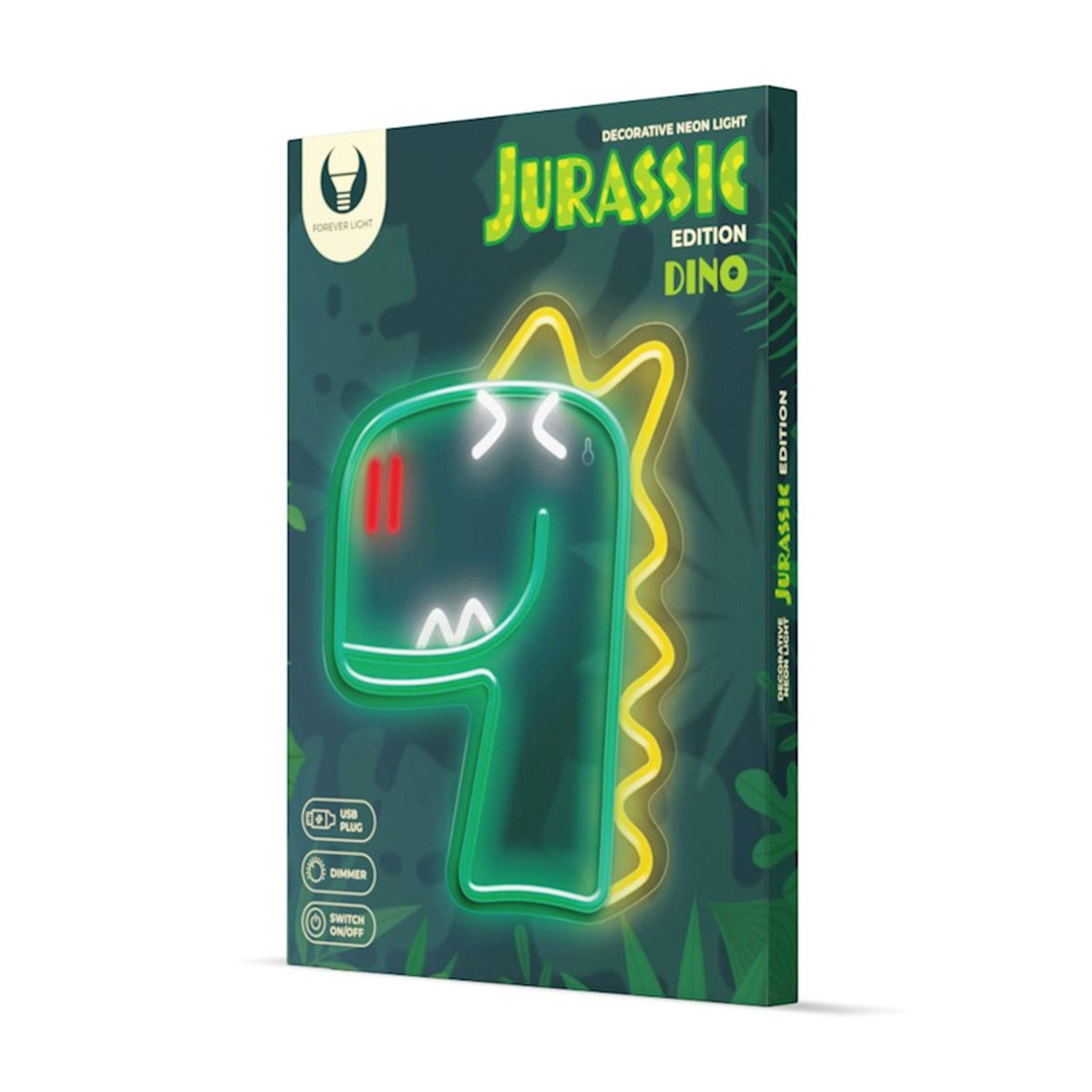 Eine Box für ein Jurassic Edition Dino Neonlicht. Es zeigt einen grünen Dinosaurier und Produktdetails.
