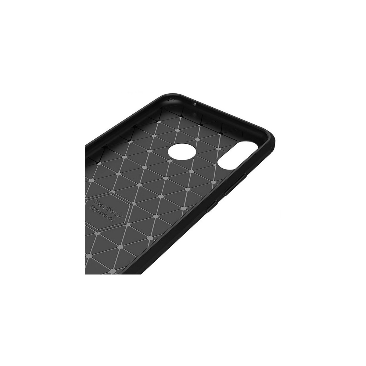 Funda de teléfono negra con un patrón texturizado.