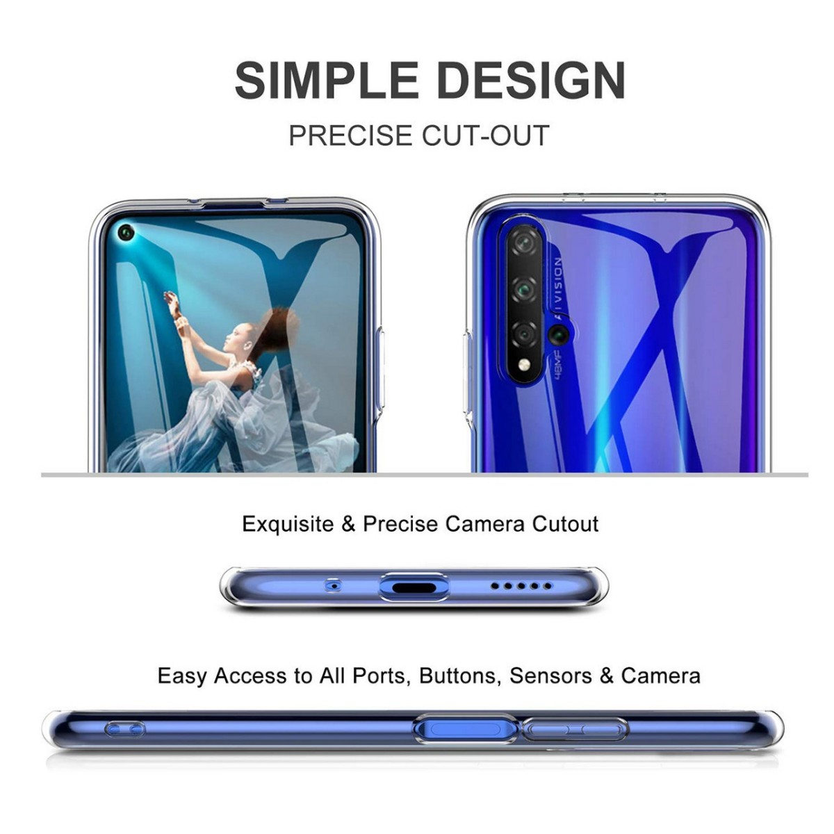 Diseño de funda de teléfono que muestra un teléfono con una funda transparente y texto.