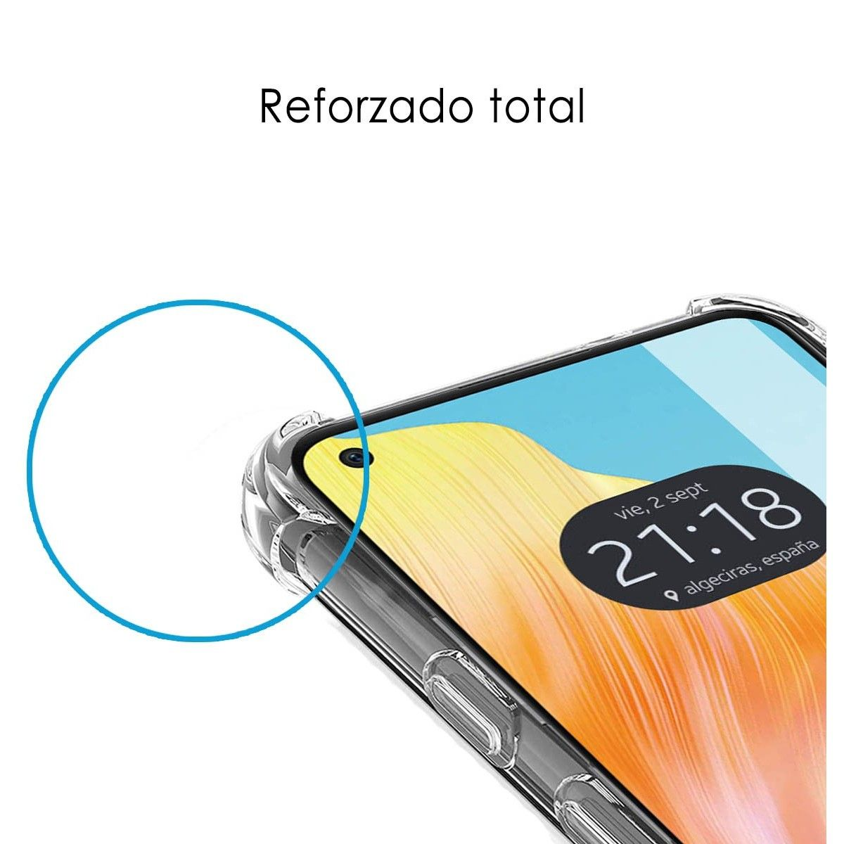 Primo piano del telefono con testo. Mostra ora e luogo: 21:18, Algeciras, Spagna.