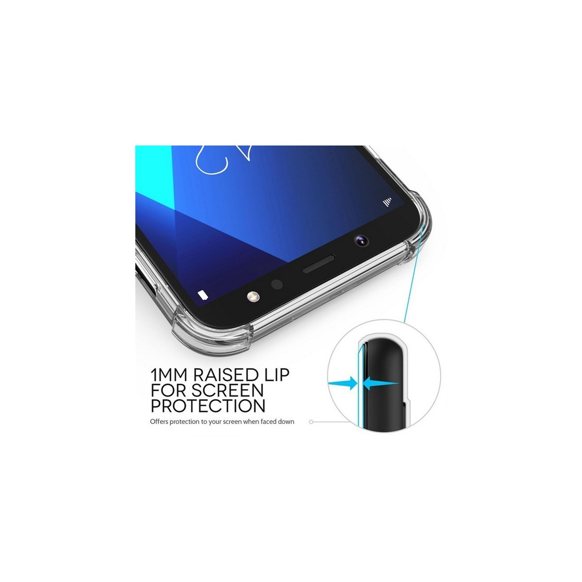 Primer plano de un teléfono con una funda transparente, mostrando el borde de la pantalla y un borde elevado.