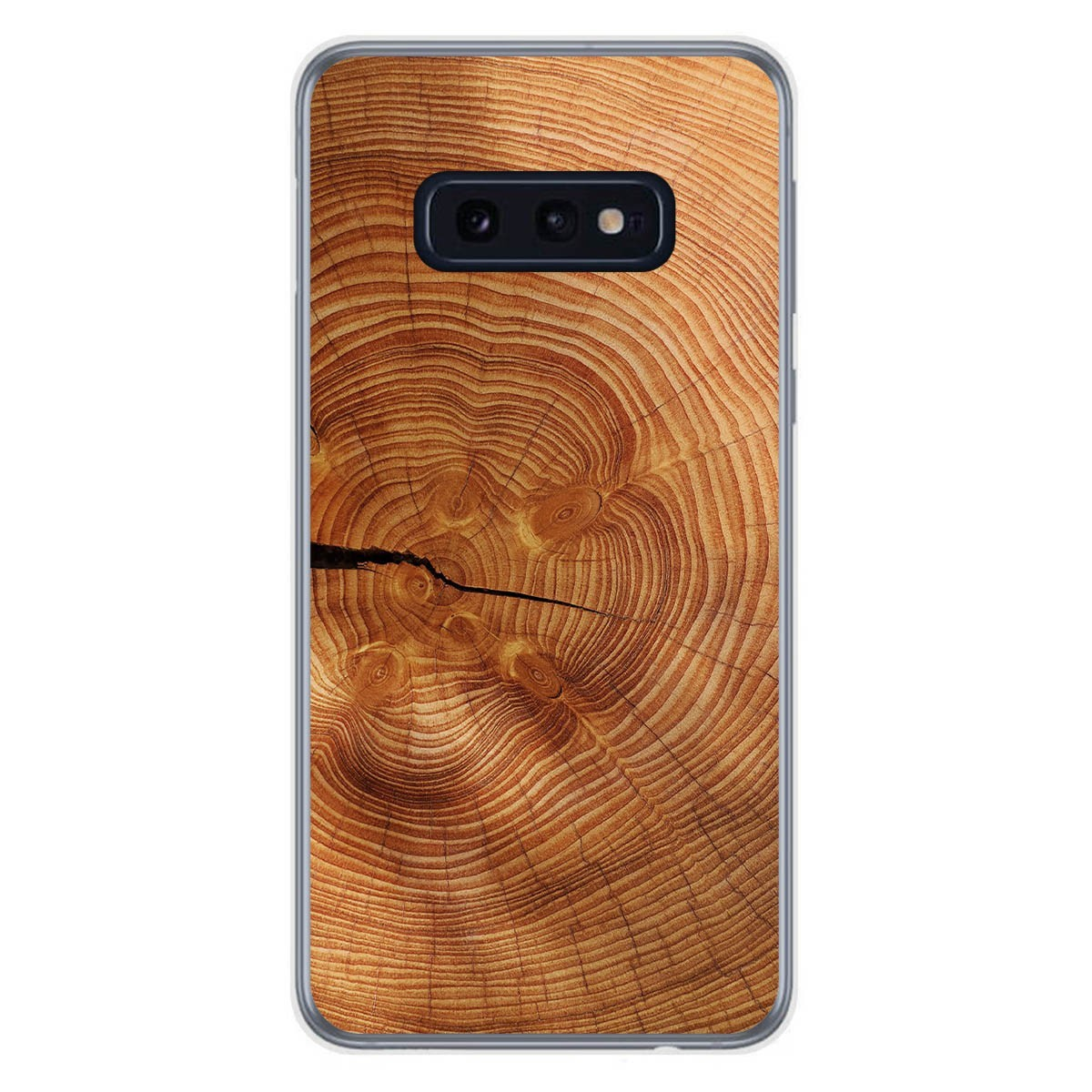 Funda de teléfono con sección transversal de tronco de árbol, mostrando anillos de crecimiento.