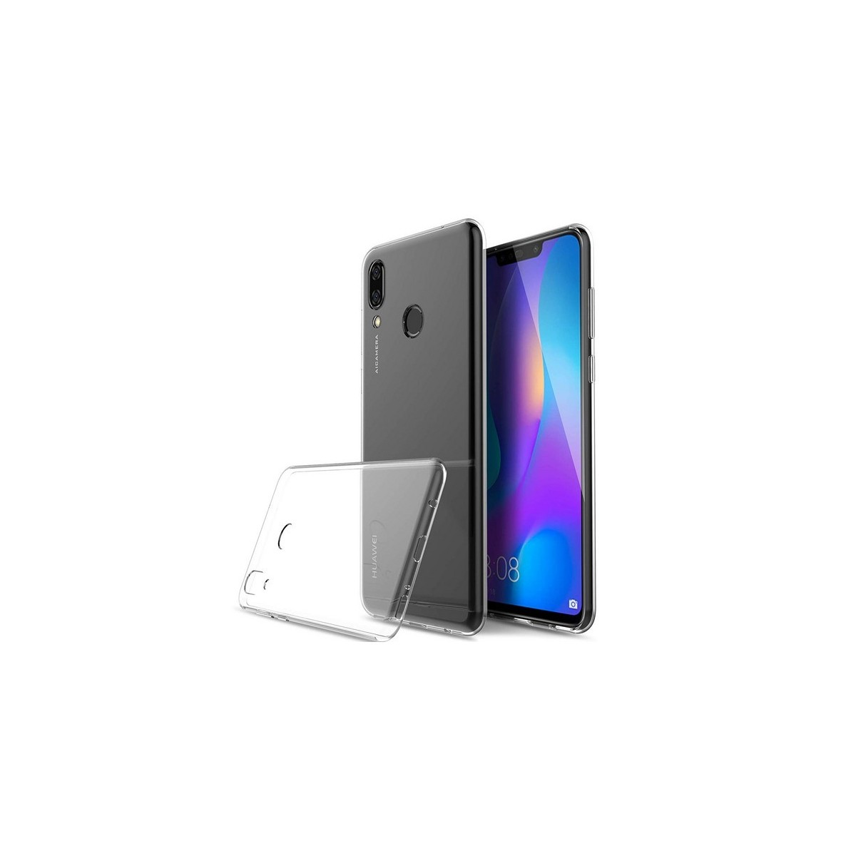 Un teléfono con una funda transparente, otro teléfono y una funda delante.