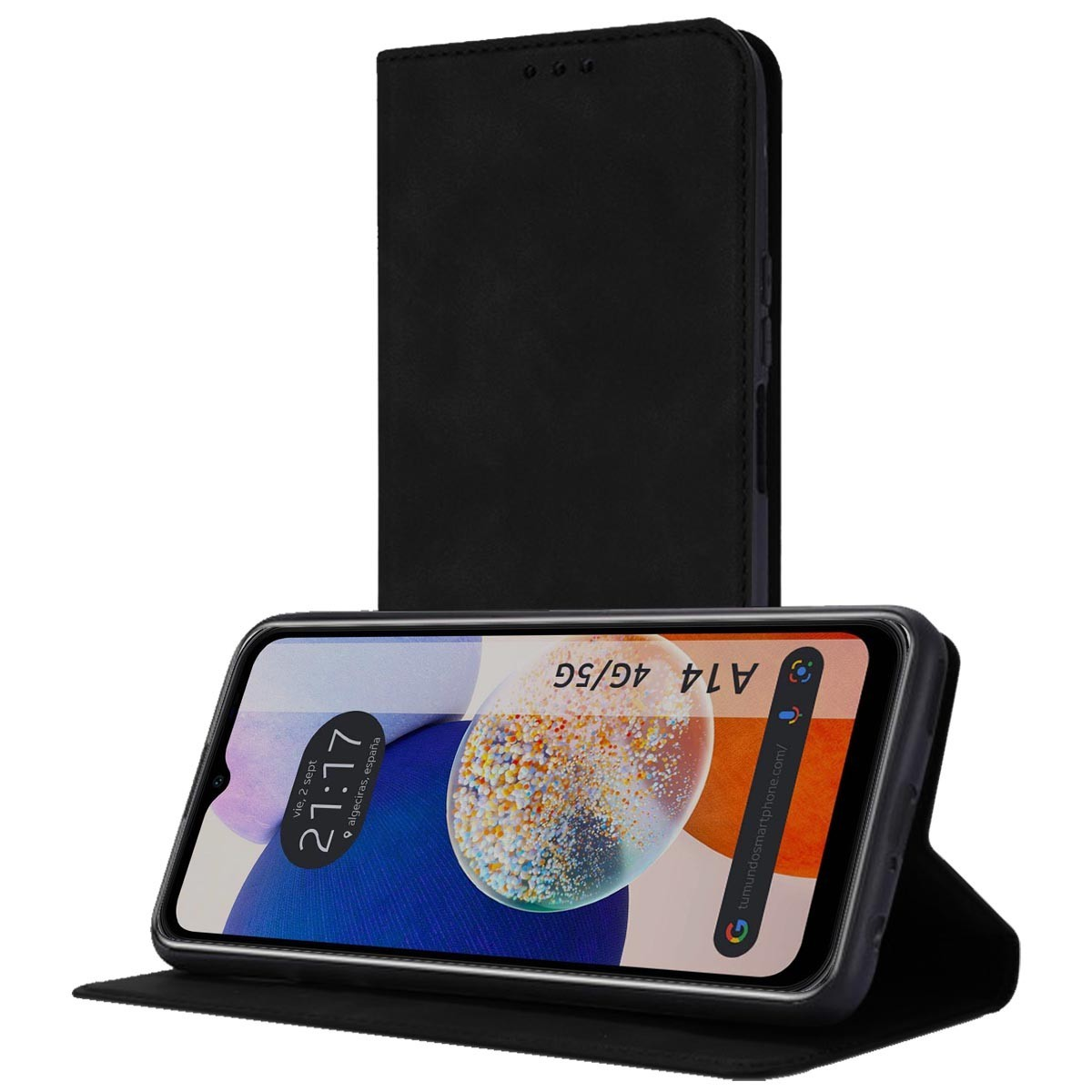 Telefono in una custodia a portafoglio nera, con display ora.