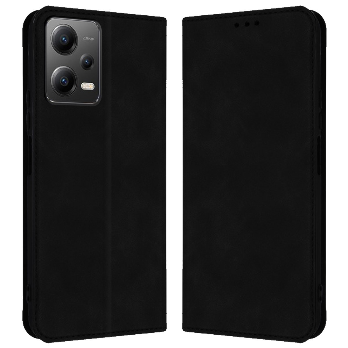 Custodia per telefono nera, aperta, che mostra una trama in pelle e un design della fotocamera.