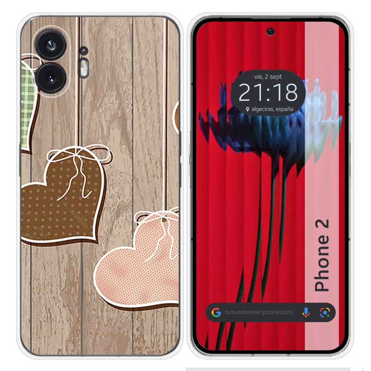 Funda de teléfono con textura de madera y formas de corazón. Pantalla con hora y texto Phone 2.