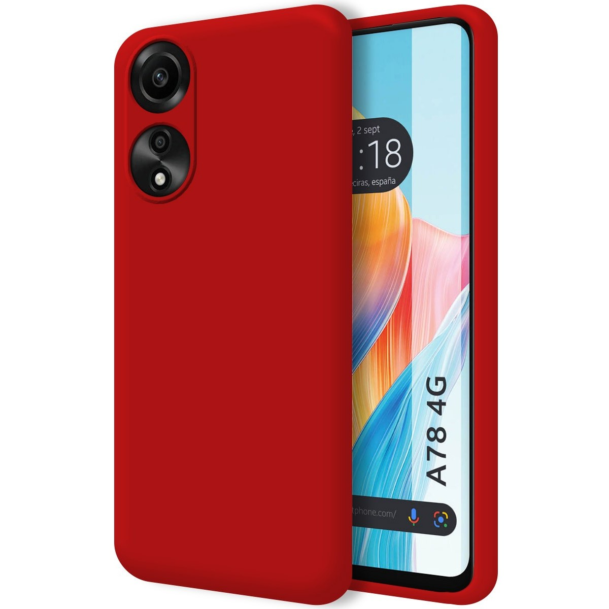 Custodia per telefono rossa con un telefono che mostra uno sfondo astratto colorato.