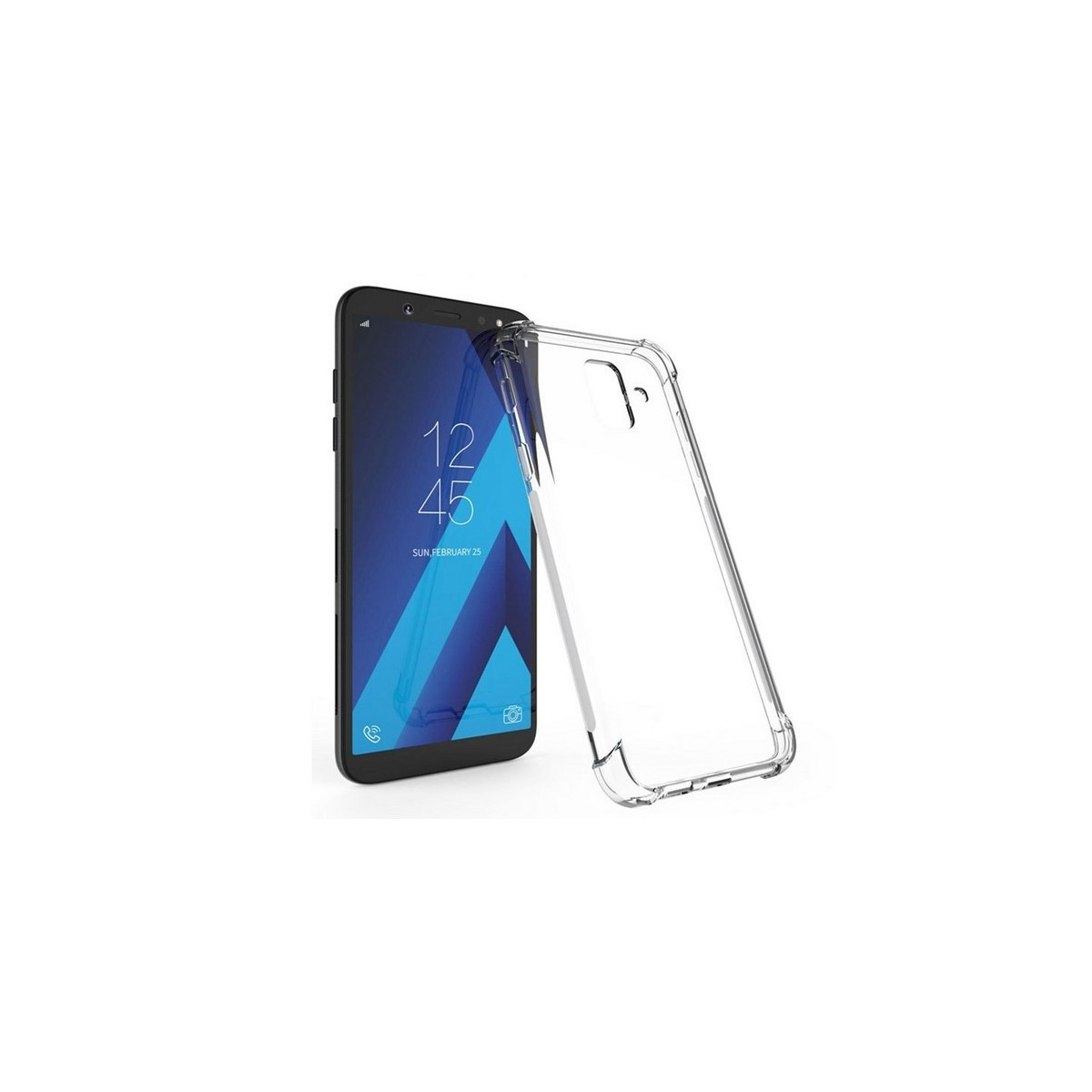 Funda de teléfono transparente junto a un teléfono negro que muestra la hora y la fecha.