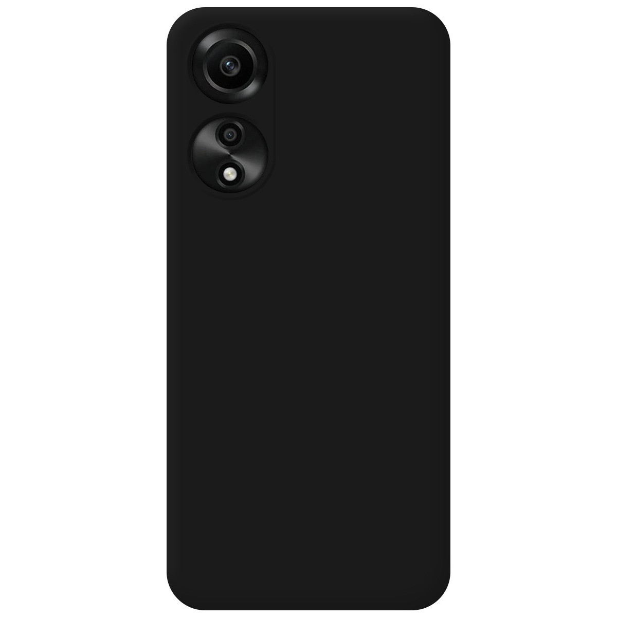 Custodia per telefono nera. Il telefono ha due fotocamere in alto ed è semplice.