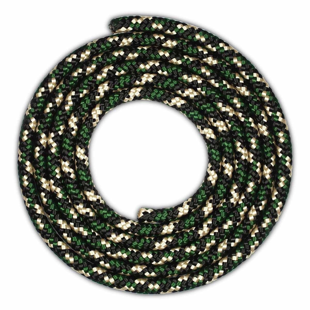 Una corda arrotolata su una custodia per telefono. La corda ha un motivo di colori verde, nero e beige.