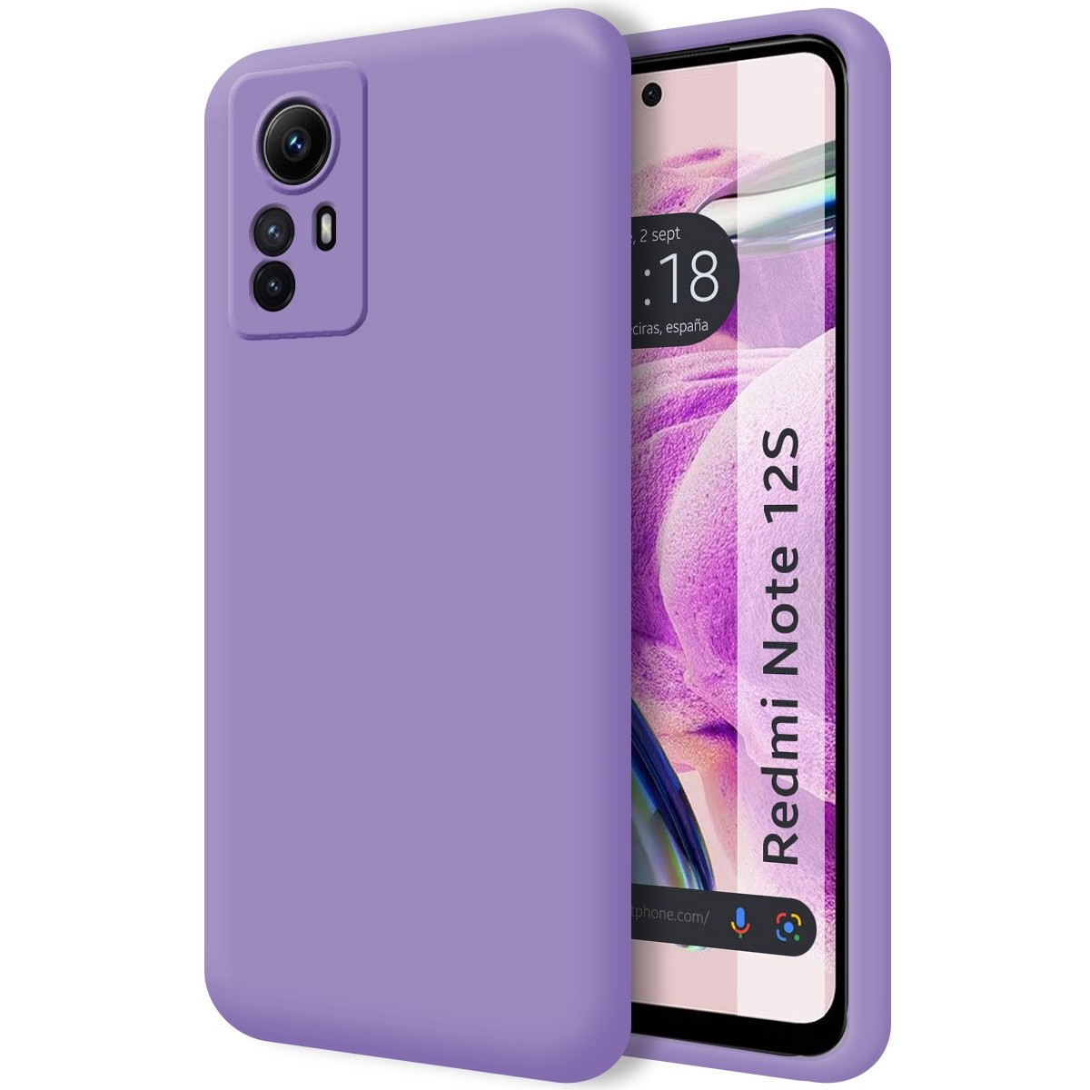 Custodia viola con un telefono nero. Il telefono mostra l'ora e il marchio sullo schermo.