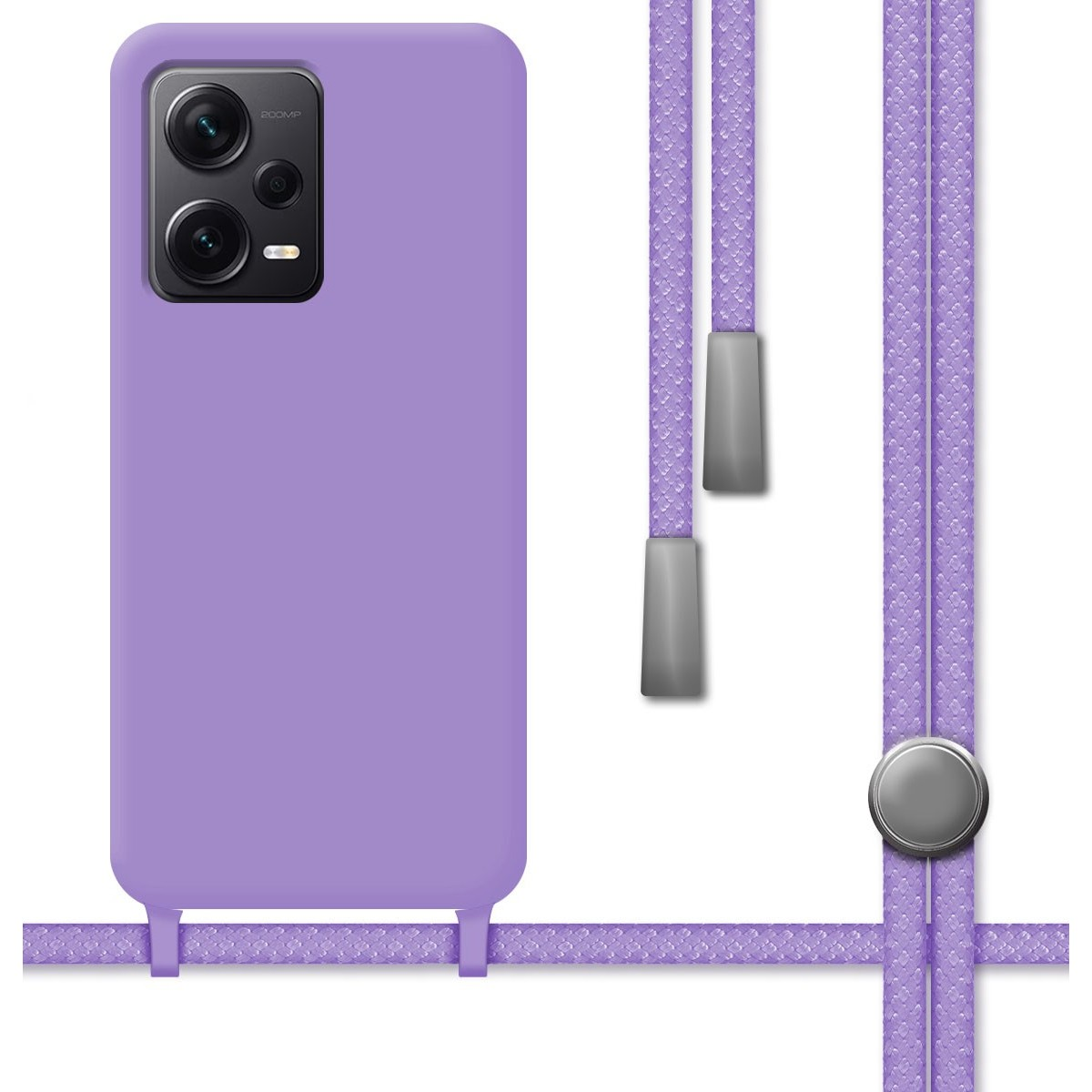 Custodia per telefono viola con un cordino viola abbinato attaccato.