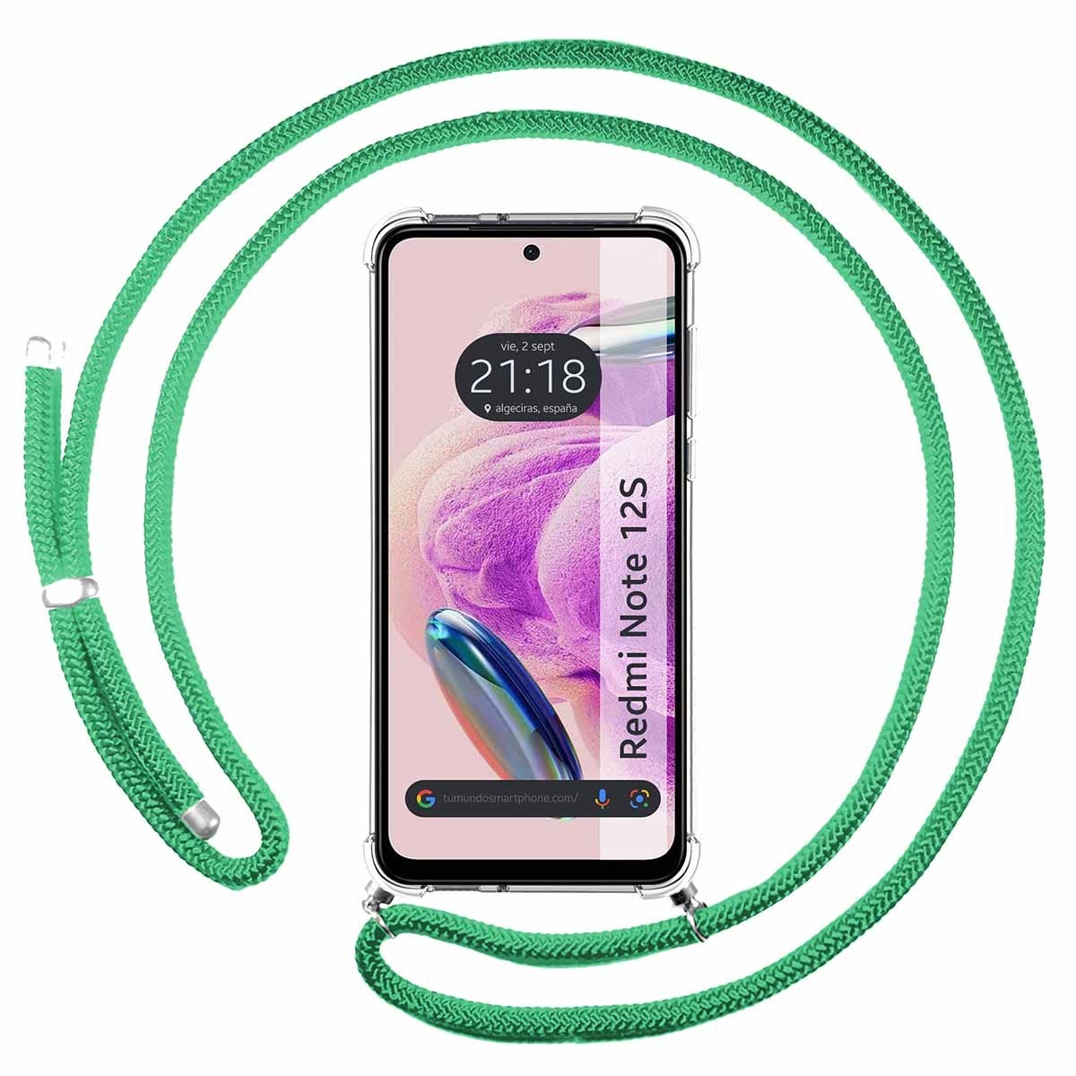 Telefono con cordino verde, schermo visibile che mostra ora e testo.