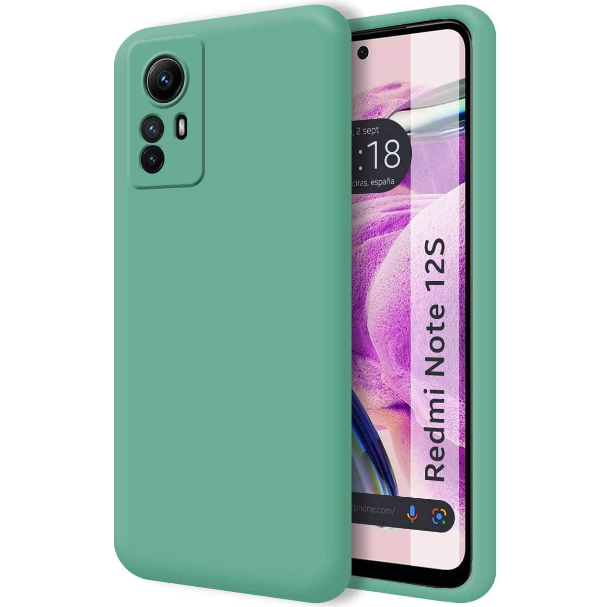 Custodia verde e telefono con schermo che mostra l'ora. La custodia ha una fotocamera.