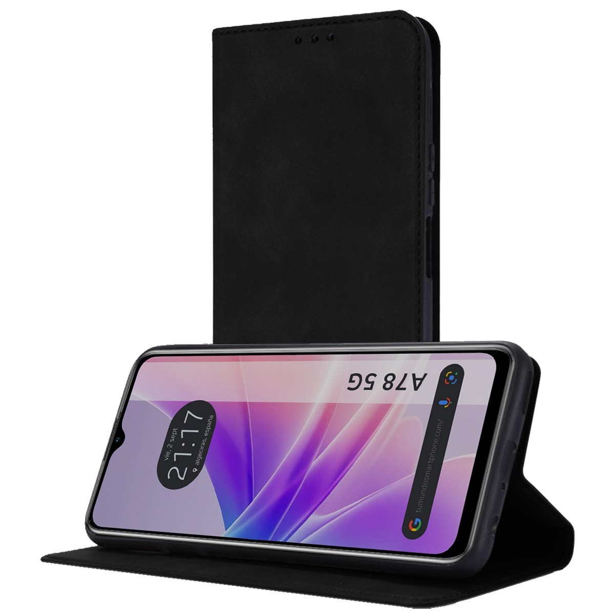 Custodia per telefono nera con un telefono che mostra un display rosa e bianco e una cover nera aperta.