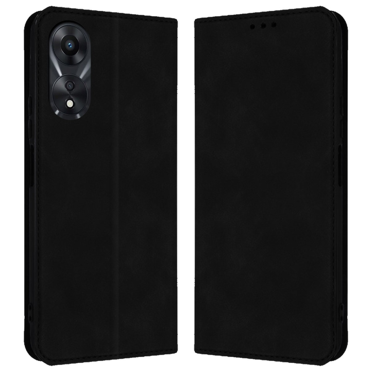 Custodia nera chiusa con texture in pelle nera. Due fotocamere visibili.