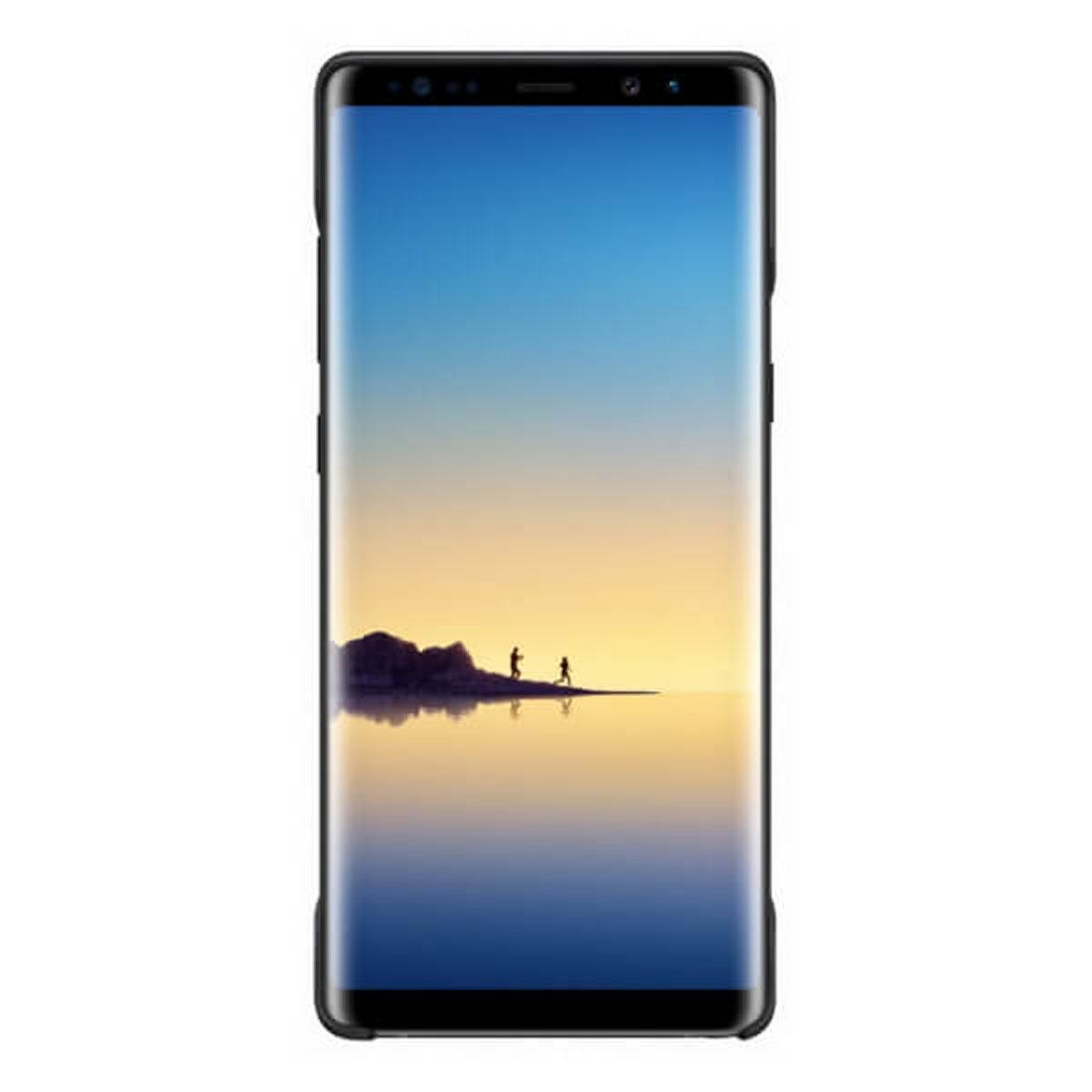 Un telefono con schermo che mostra persone sulla riva al tramonto. Custodia nera.