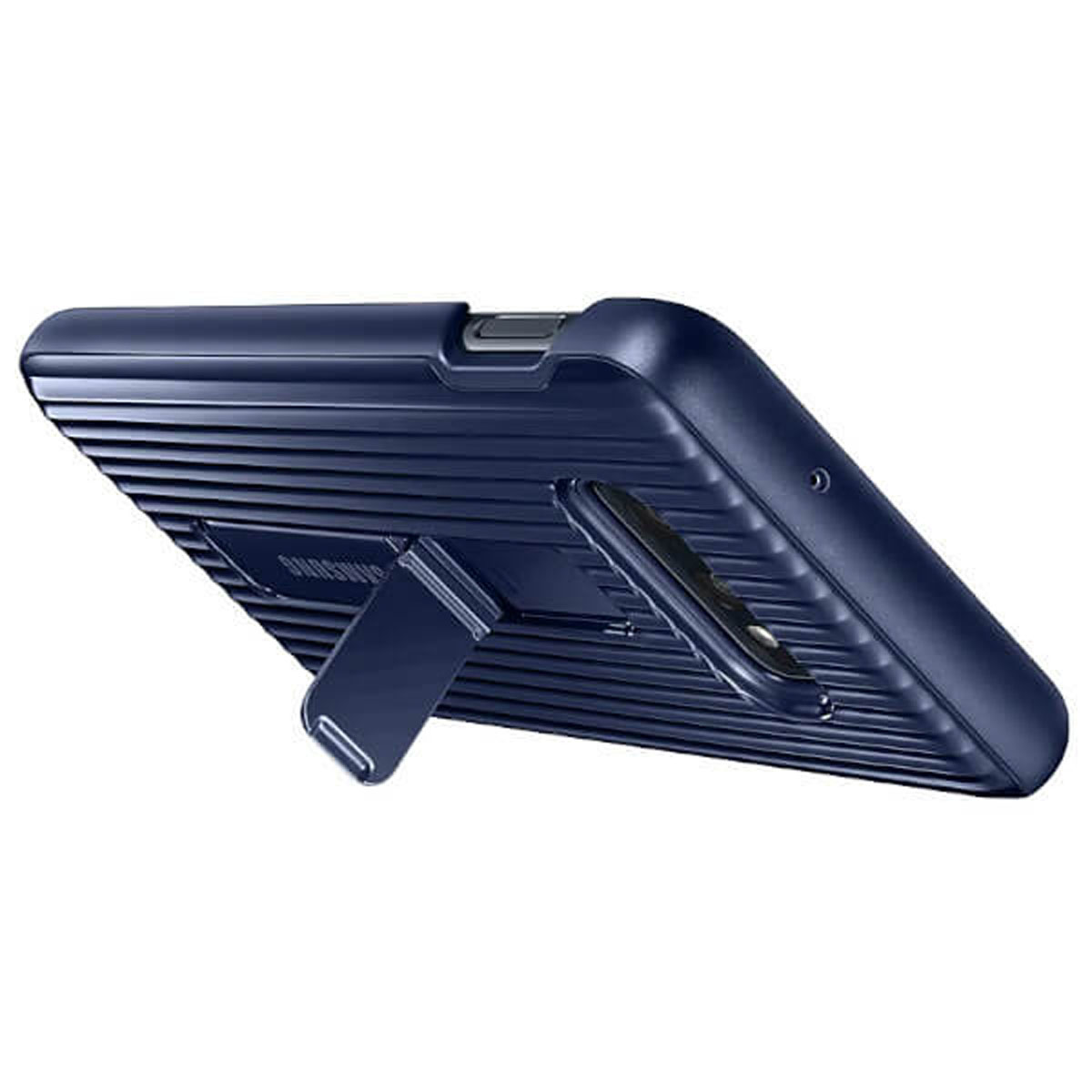 Blaue Handyhülle mit Ständer, schräge Ansicht.