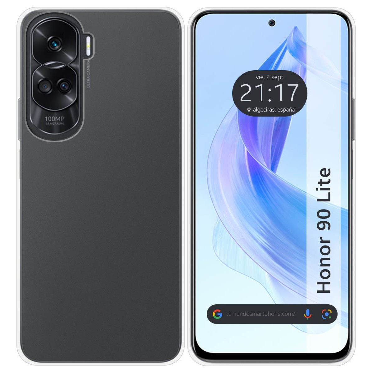 Una custodia per telefono con Honor 90 Lite sullo schermo. Il retro è nero.