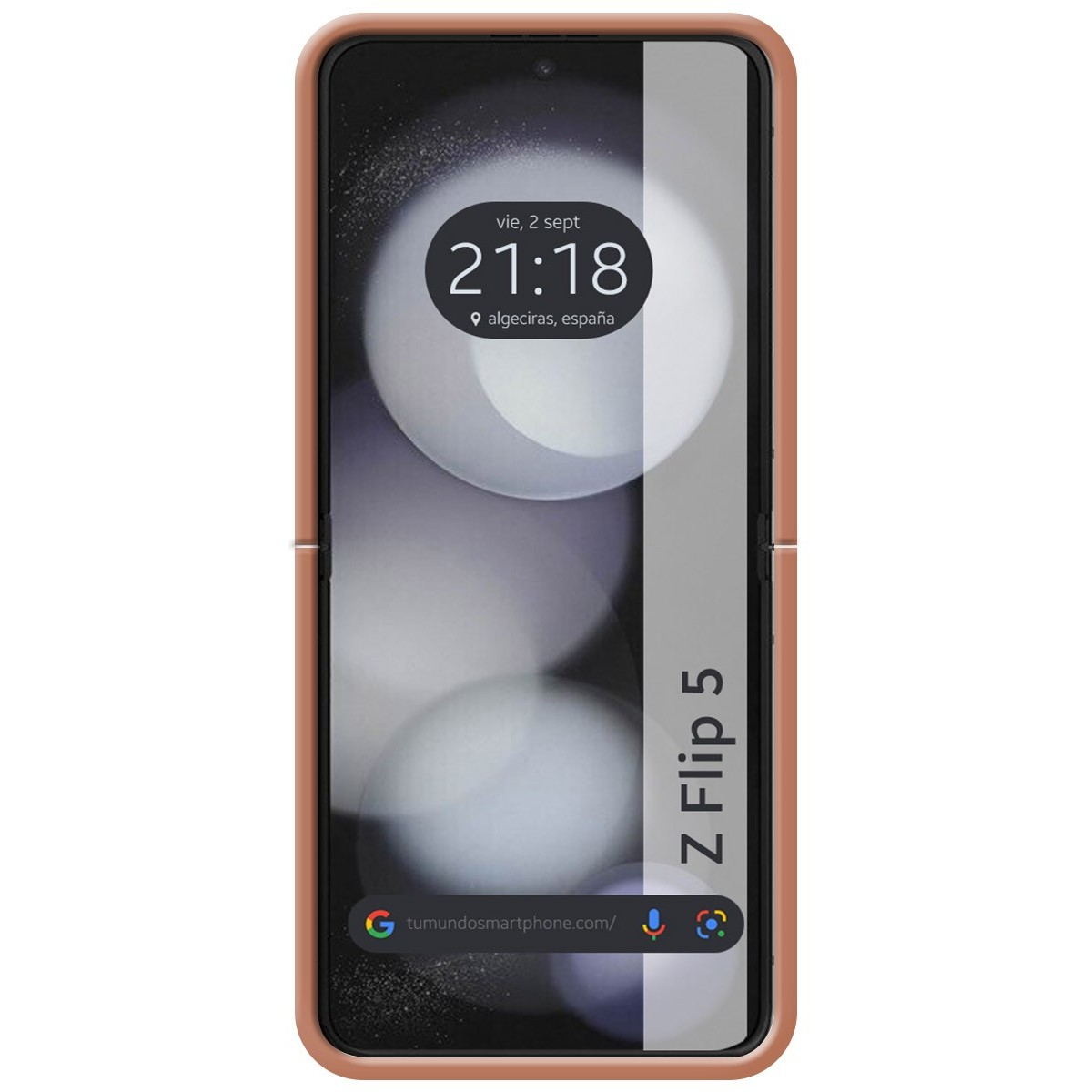 Telefono in una custodia, lo schermo è diviso, mostrando sfumatura, ora e luogo.