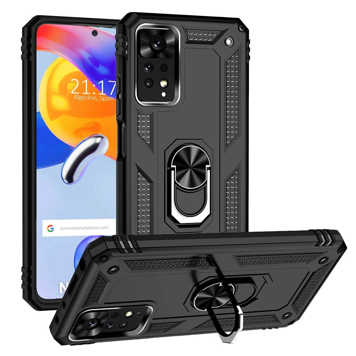 Custodia nera per telefono con supporto ad anello in metallo. Custodia nera con tre viste.
