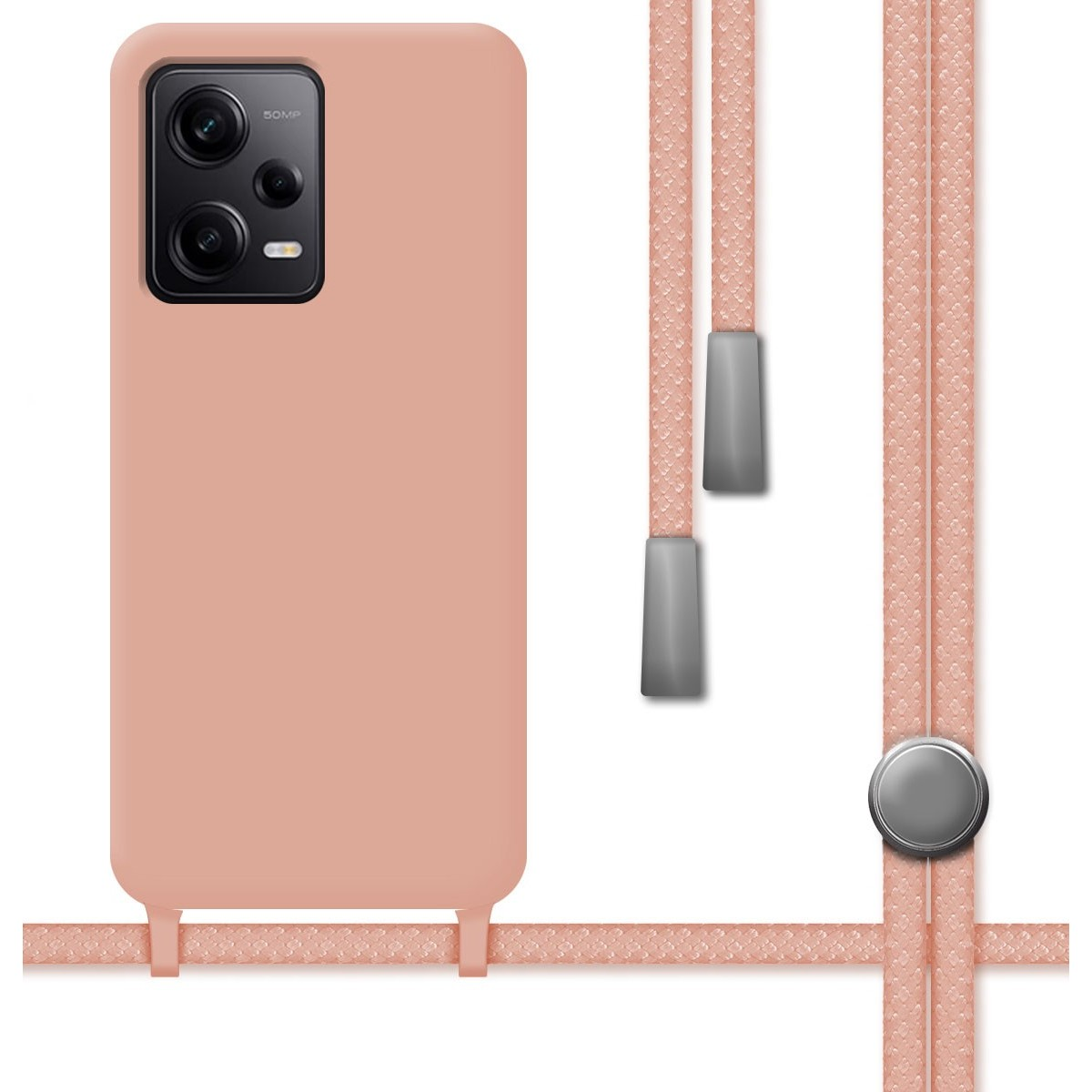 Custodia per telefono rosa con cinturino rosa. La custodia ha un modulo fotocamera.