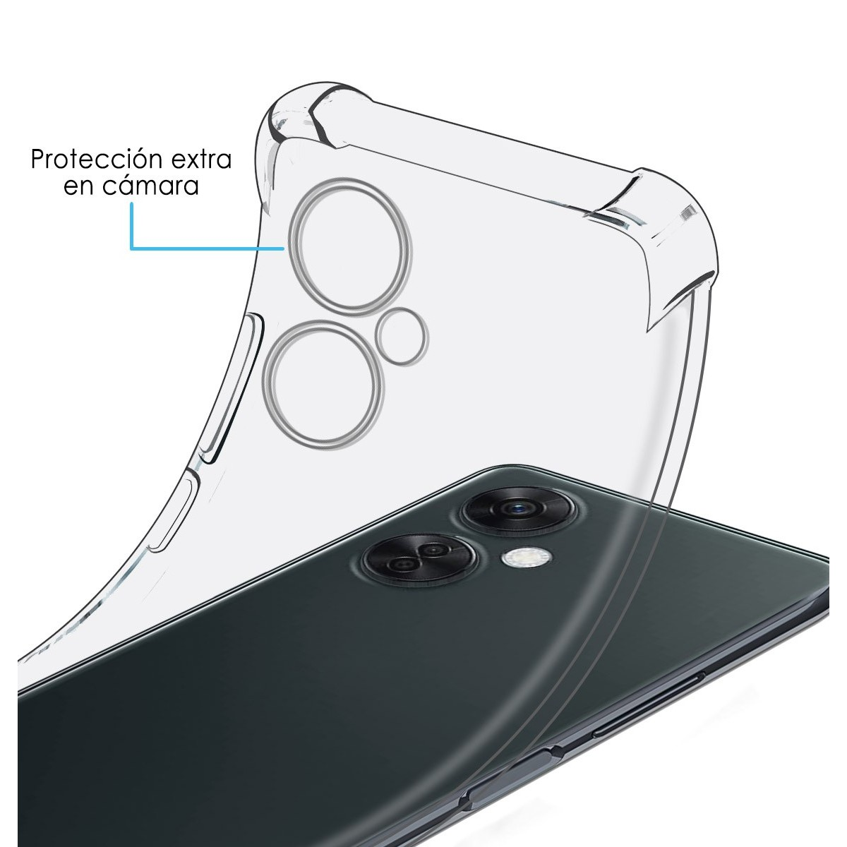 Primo piano di un telefono, che mostra la fotocamera e la custodia con protezione extra.