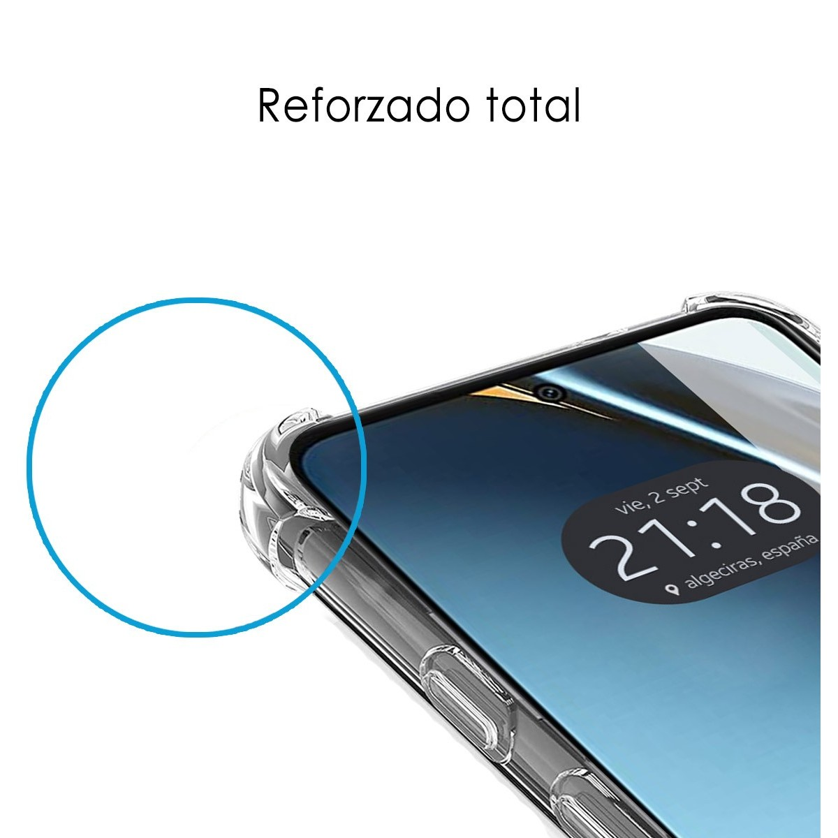 Primo piano di una custodia trasparente che mostra lo schermo del telefono e il bordo.
