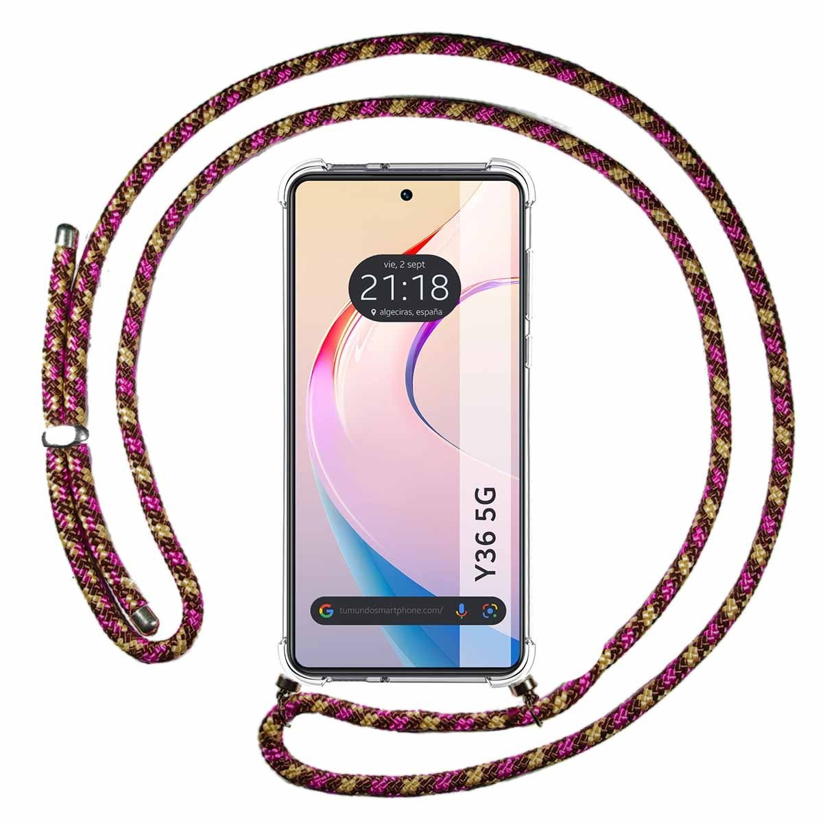 Custodia e cinturino per telefono. La custodia è su un telefono che mostra l'ora. Il cinturino è rosa e marrone fantasia.