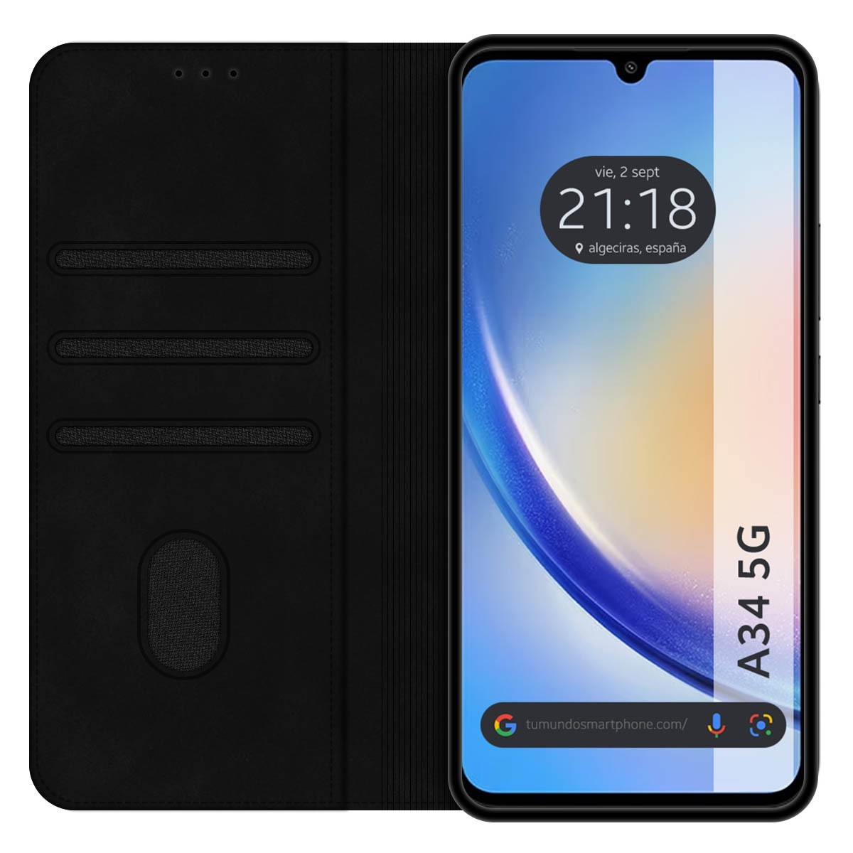 Custodia per telefono con una cover nera. Il telefono mostra l'ora 21:18. Il telefono è un modello A34 5G.
