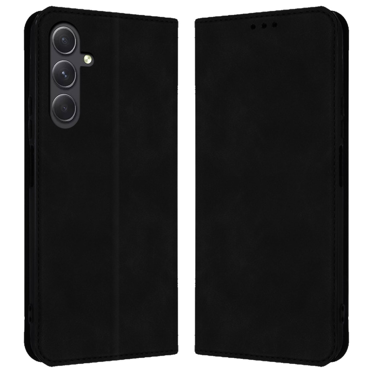 Custodia per telefono nera in stile portafoglio con due lati aperti. Ha una texture liscia in pelle.