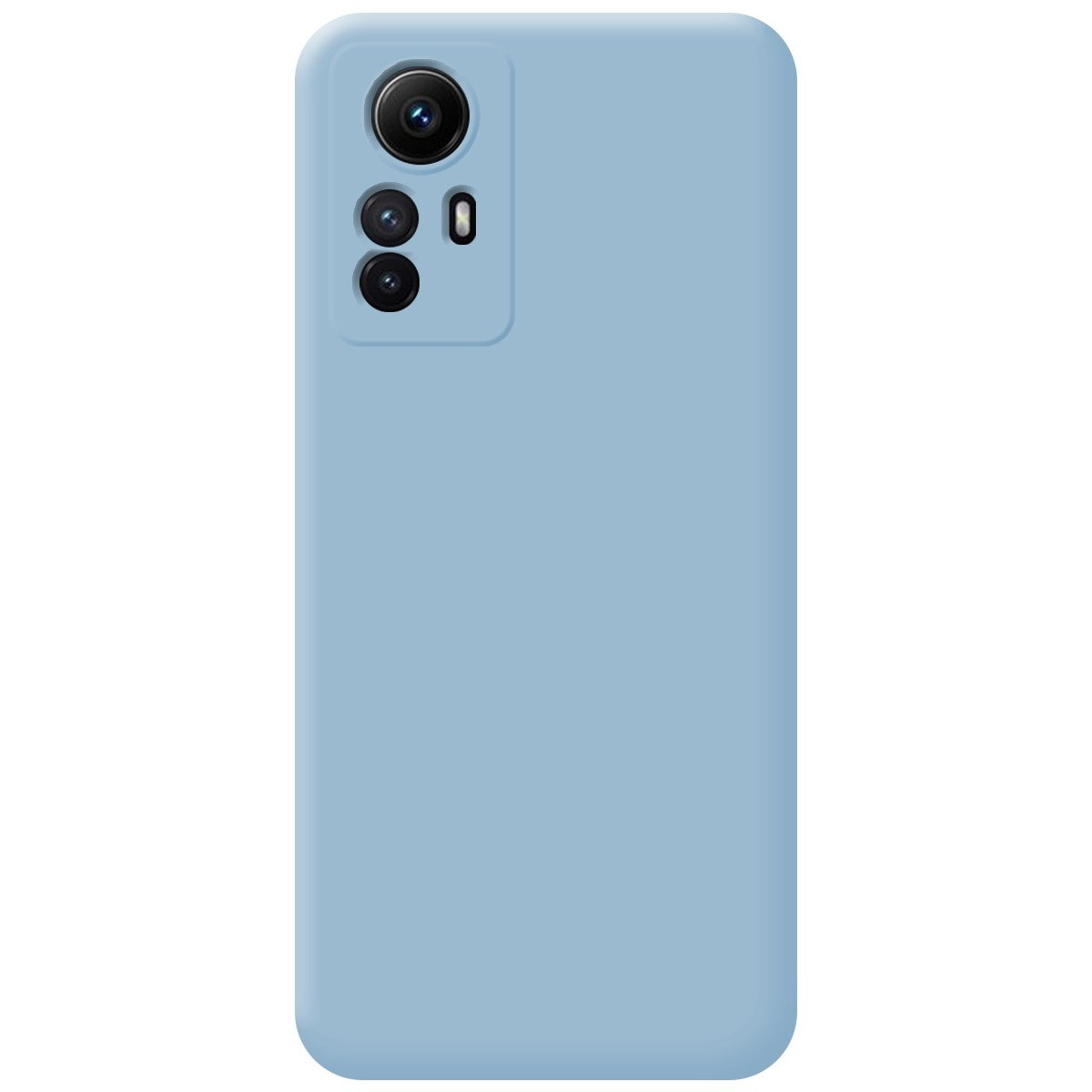 Custodia blu con un telefono su sfondo azzurro.