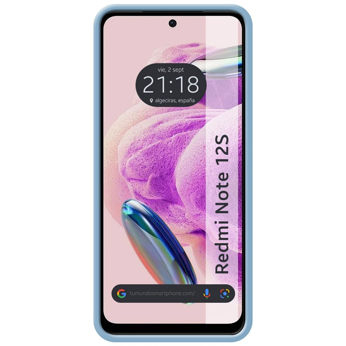 Il telefono in una custodia blu mostra l'ora e Algeciras, Spagna. Redmi Note 12S è visibile.