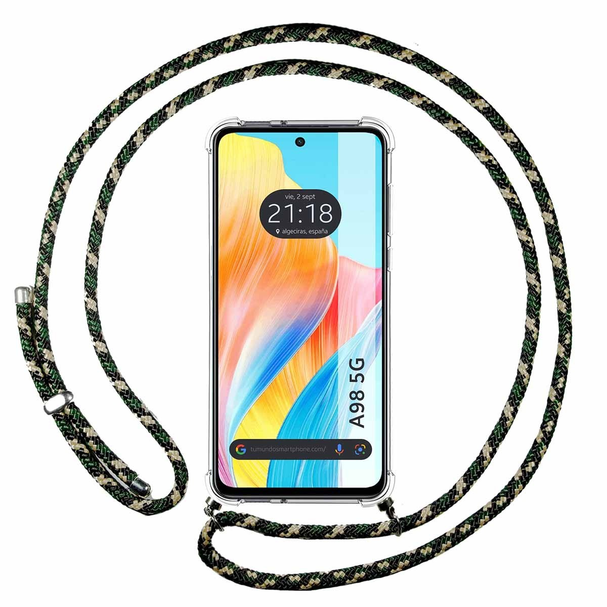 Telefono con cinturino, verde e nero. Schermo mostra ora e posizione.