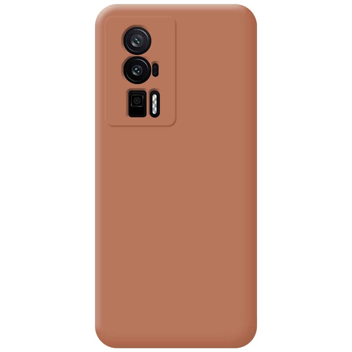 Custodia per telefono marrone con tripla fotocamera. La custodia copre il telefono, senza schermo.