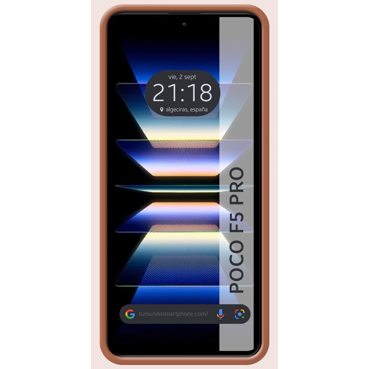 Un telefono mostra ora e data, con una custodia che dice Poco F5 Pro.