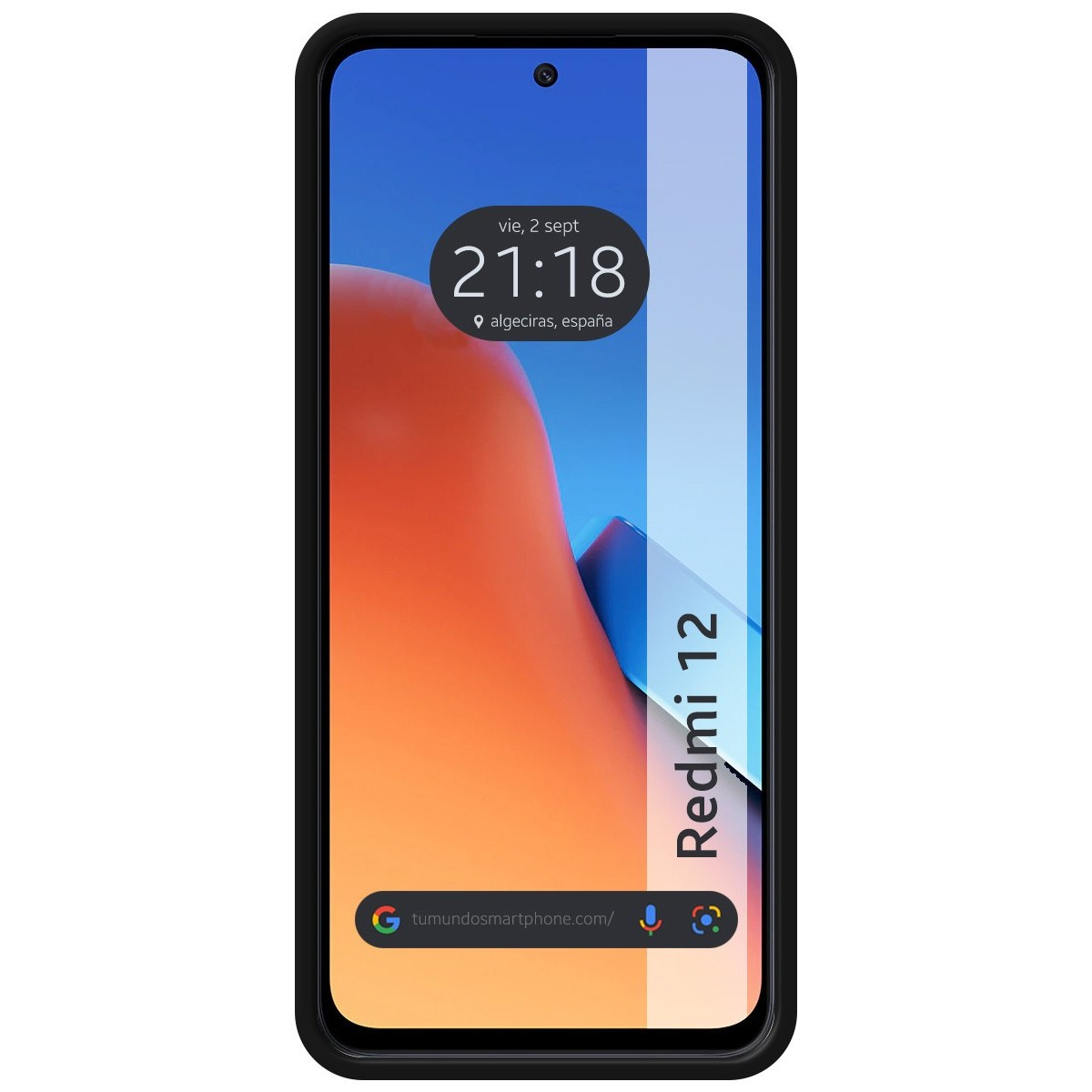 Telefono che mostra l'ora e il luogo con sfondo arancione e blu.