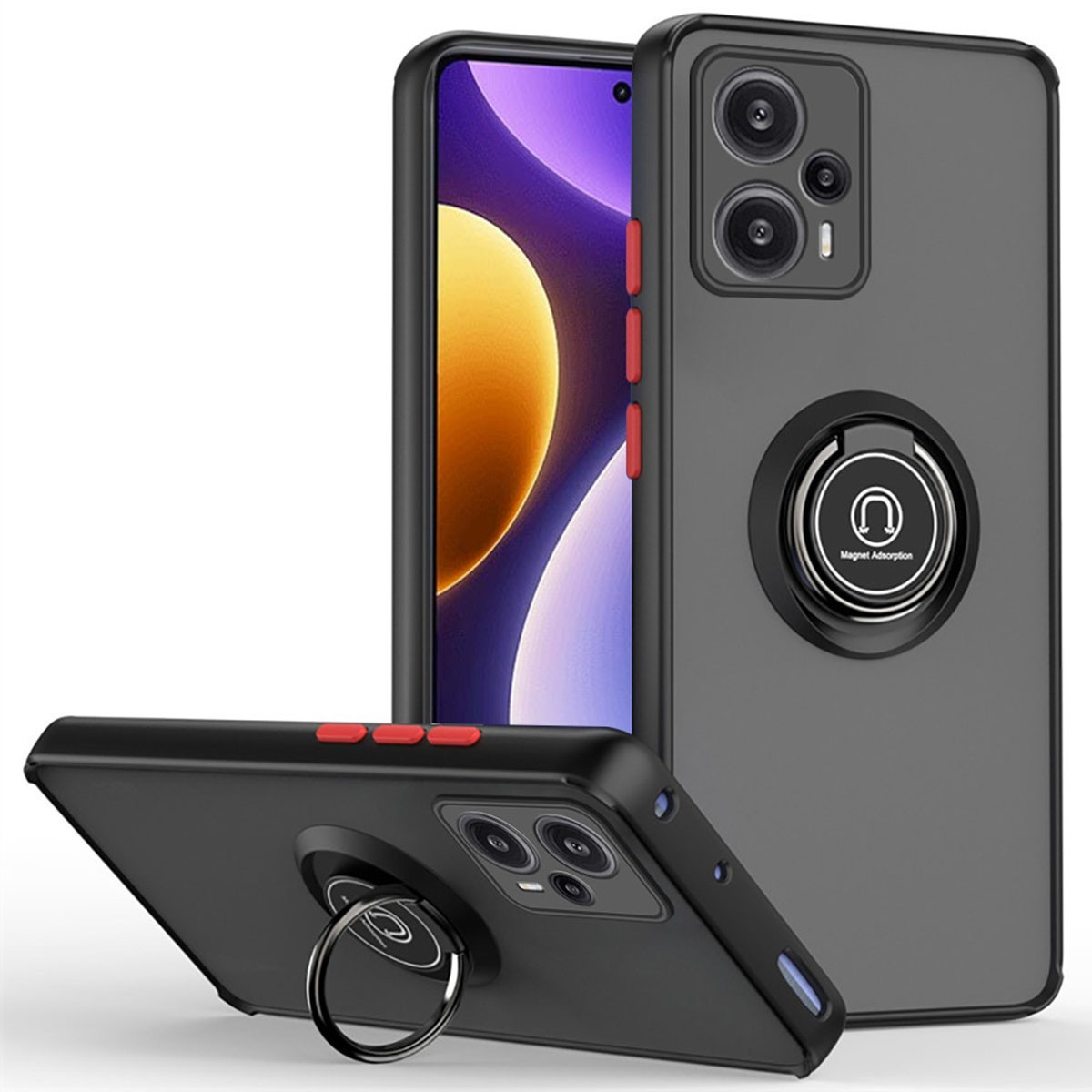 Custodie per telefono nere con supporto ad anello, un telefono nero.