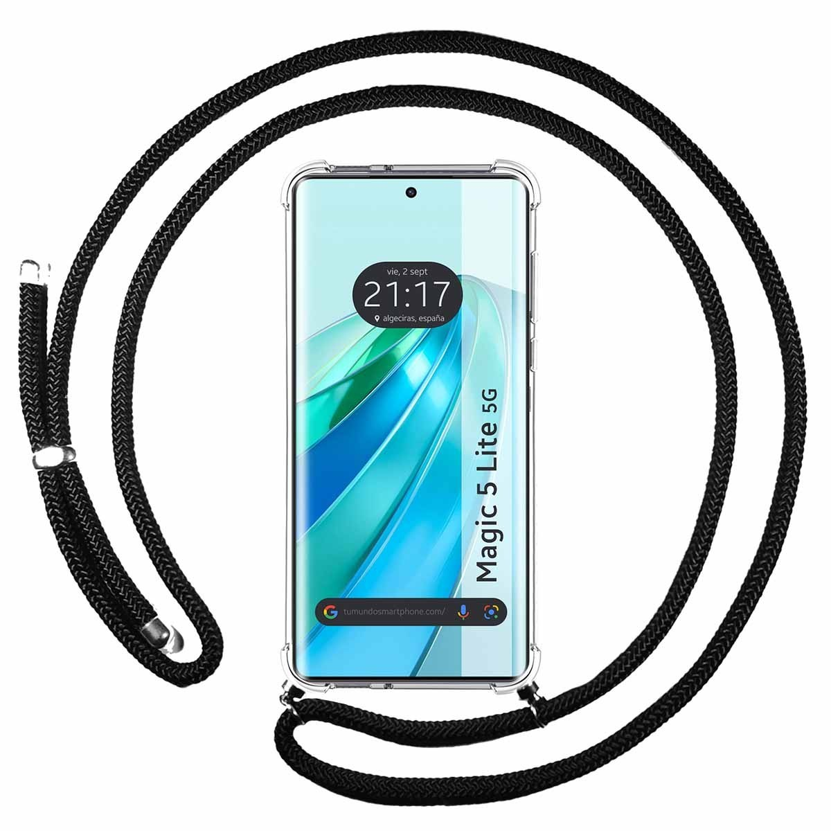 Teléfono con un cable negro, que muestra un reloj en la pantalla. La hora es 21:17.